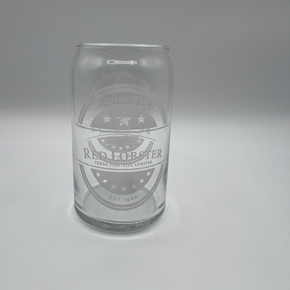 Red Lobster Can shaped Glass Etched Logo 1968 Barware